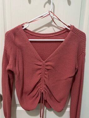 Hollister V-Neck Ruched Front Knit Sweater - coral color